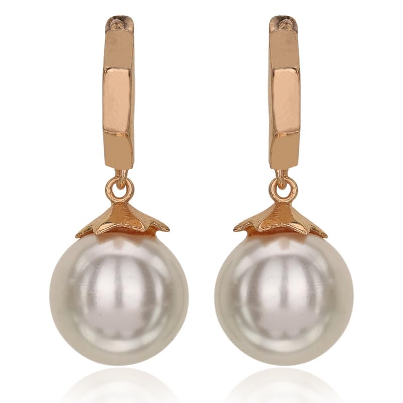 Moonstruck Fashion Jewellery Rose Gold Huggie Earrings with Pearl Drop - Elegant Dangle Earrings for Women, Perfect for Weddings, Parties, Classic Gifts