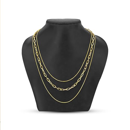 Moonstruck Fashion Jewellery Layered Gold Chain Necklace for Women Silver Plated 3-Layer Snake & Figaro Chains – Dainty Layered Necklace Set for Women, Fashion Jewelry for Gifts, Party, Daily Wear