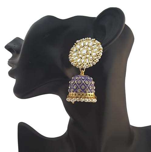 Moonstruck Traditional Indian Dome Shaped Golden Jhumka/Jhumki Earrings with Meenakari & Pearls for Women (Aqua Blue) (Purple) - www.MoonstruckINC.com