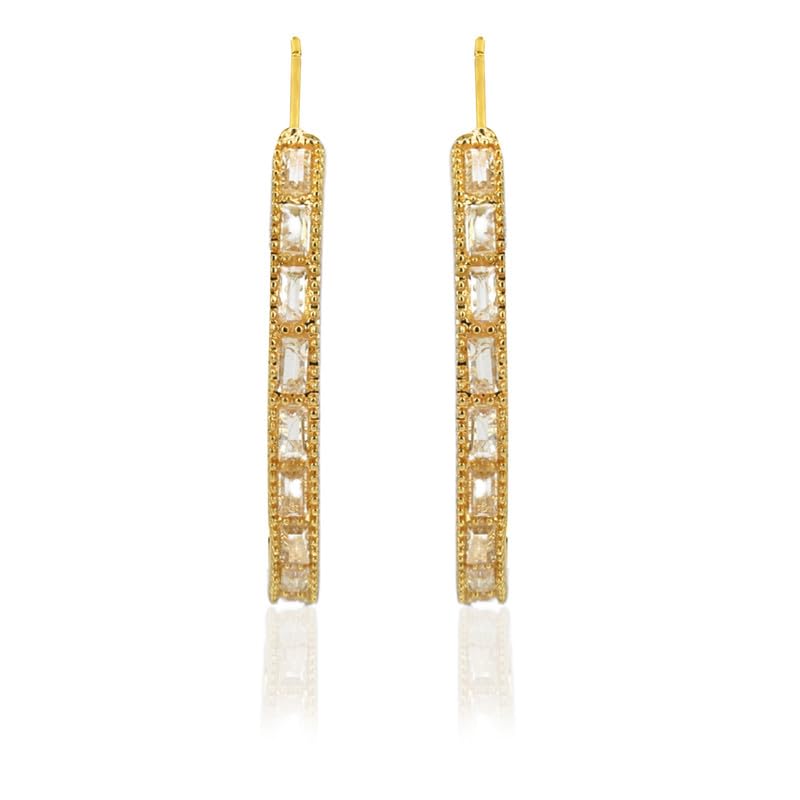 Moonstruck Silver Plated Baguette Hoop Earrings for Women Cubic Zirconia Studded Designer Jewellery Lightweight Traditional and Party Wear Earrings Ideal Gift for Her