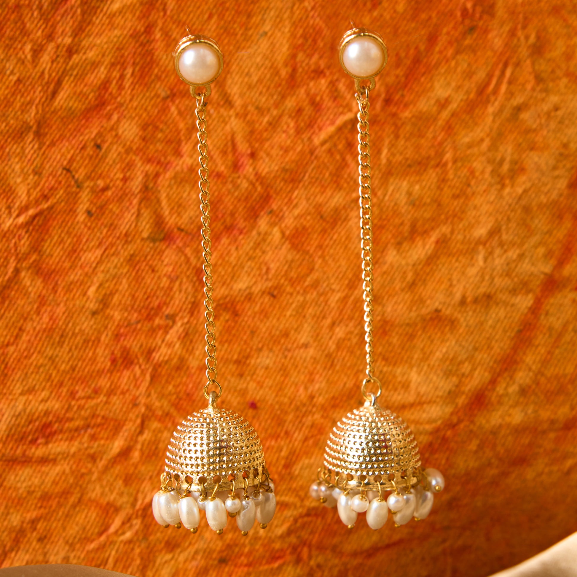 MoonStruck Traditional Non-precious Metal Alloy and Pearl Long Drop Chain Dangler Pearl Jhumka for Women & Girls,Peach - www.MoonstruckINC.com