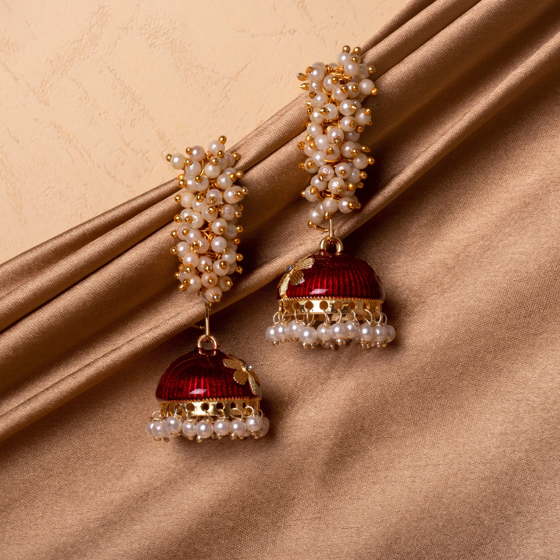 Moonstruck Girls/Women's Non-Precious Base Metal and Pearl Jhumki Earrings (Maroon)