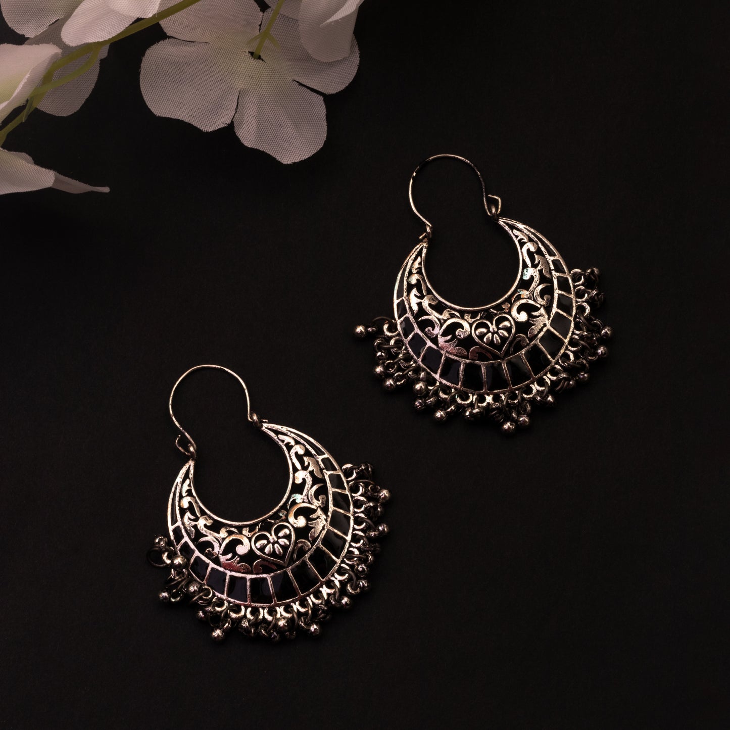 Moonstruck Traditional Indian Oxidised Chandbali Hoop Earrings for Women (Black)