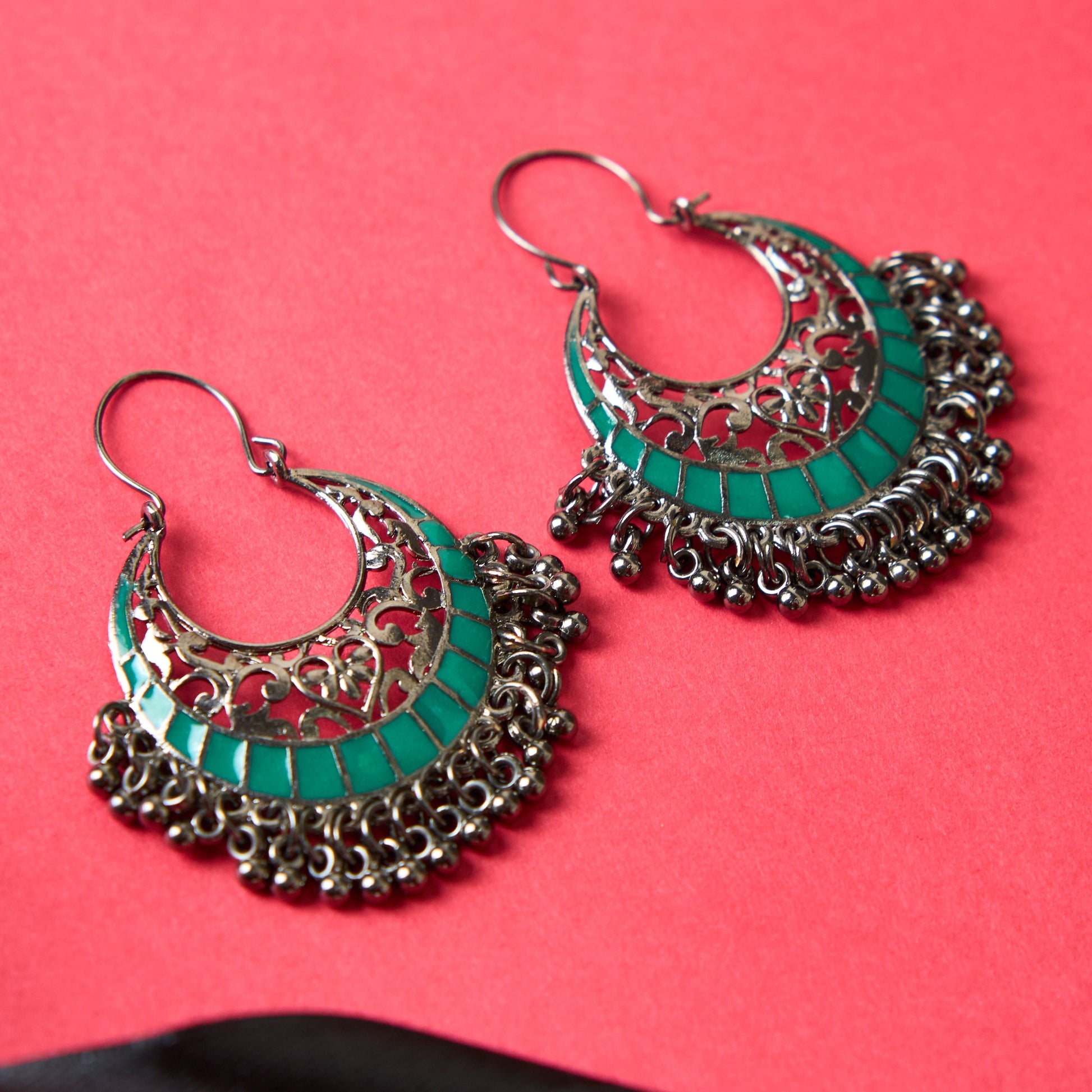 Moonstruck Traditional Oxidised Indian Chandbali Hoop Earrings for Women (Green)