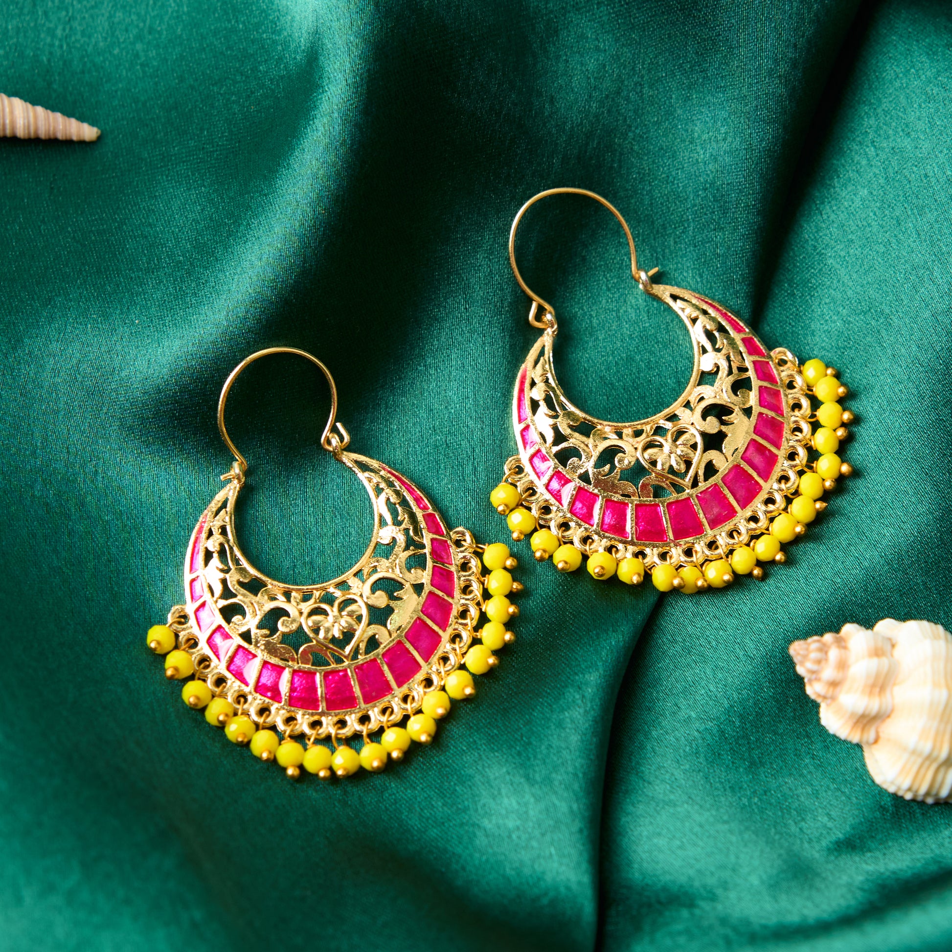 Moonstruck Traditional Indian Gold Plated Alloy Meenakari Chandbali Hoop Earring for Women (Pink) - www.MoonstruckINC.com