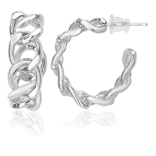 Moonstruck Fashion Jewellery Twisted Chain Link Hoop Earrings for Women Silver Plated Lightweight Textured Fashion Jewelry