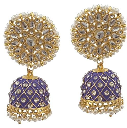Moonstruck Traditional Indian Dome Shaped Golden Jhumka/Jhumki Earrings with Meenakari & Pearls for Women (Aqua Blue) (Purple) - www.MoonstruckINC.com