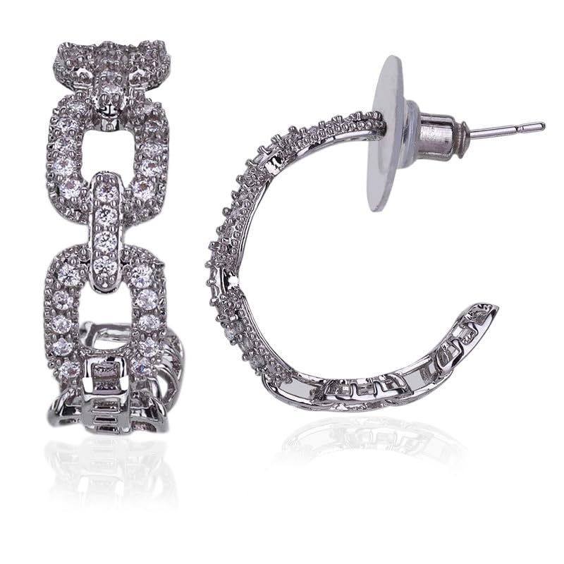 Moonstruck Fashion Jewellery Sparkling Chain Link Hoop Earrings for Women - Elegant Cubic Zirconia Studded Hoops for Party, Wedding, Evening Wear, Chic Accessories