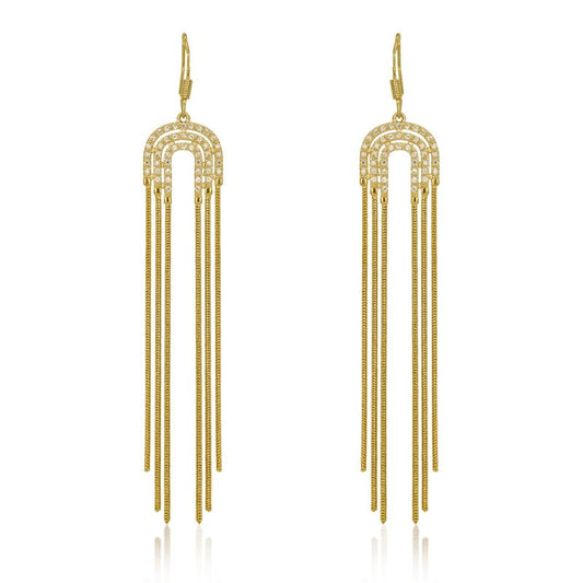 Moonstruck Fashion Jewellery Luxe Gold Arch Fringe Earrings for Women - Elegant Cubic Zirconia Dangle Jewelry for Party, Wedding, Evening Wear, Statement Accessories