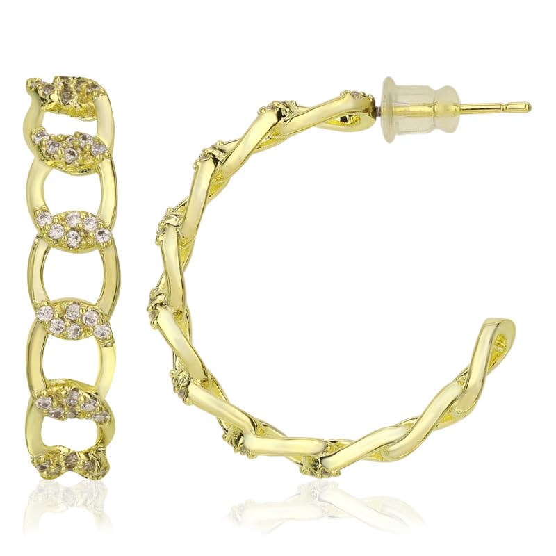 Moonstruck Fashion Jewellery Luxe Gold Chain Link Hoop Earrings for Women - Elegant Cubic Zirconia Statement Jewelry for Party, Wedding, Evening Wear, Hypoallergenic Chic Accessories
