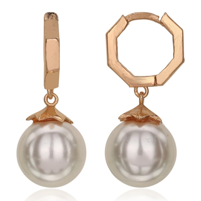 Moonstruck Fashion Jewellery Rose Gold Huggie Earrings with Pearl Drop - Elegant Dangle Earrings for Women, Perfect for Weddings, Parties, Classic Gifts