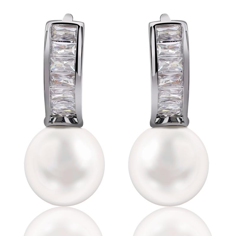 Elegant Pearl Drop Earrings for Women – Classic White Faux Baguettes Pearl Dangle Earrings – Lightweight Silver Tone Statement Jewelry for Weddings, Parties & Gifting