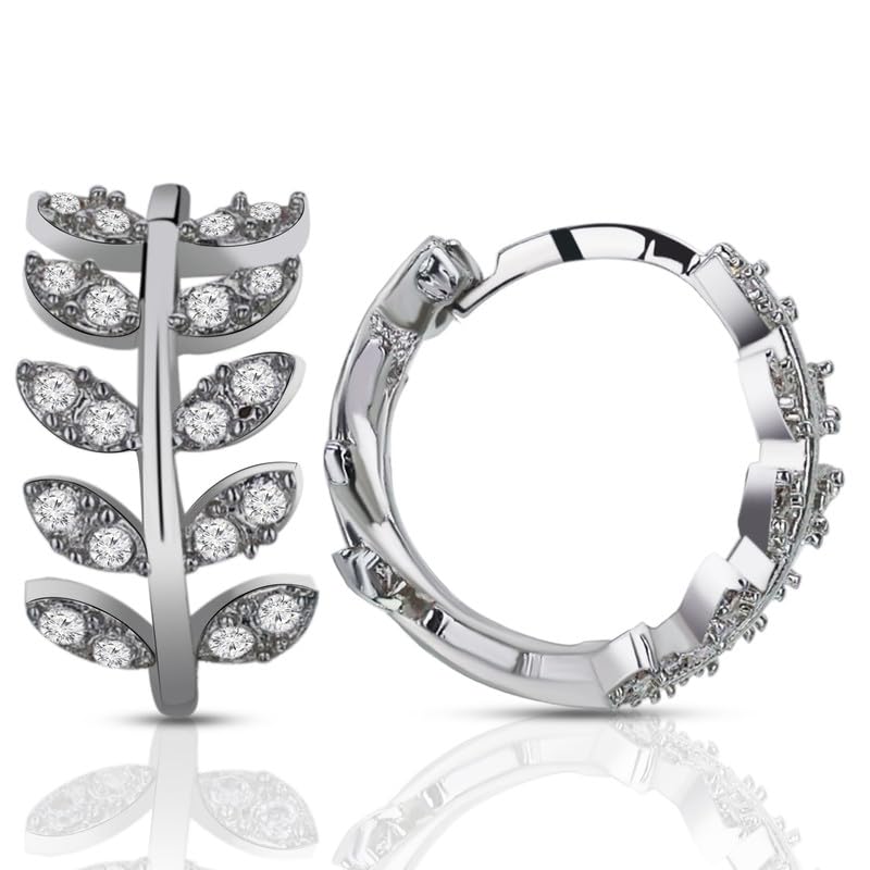 Moonstruck Fashion Jewellery Leaf Huggie Earrings with Cubic Zirconia - Dazzling Small Hoop Earrings for Women, Ideal Gift for Birthdays, Weddings, Anniversaries