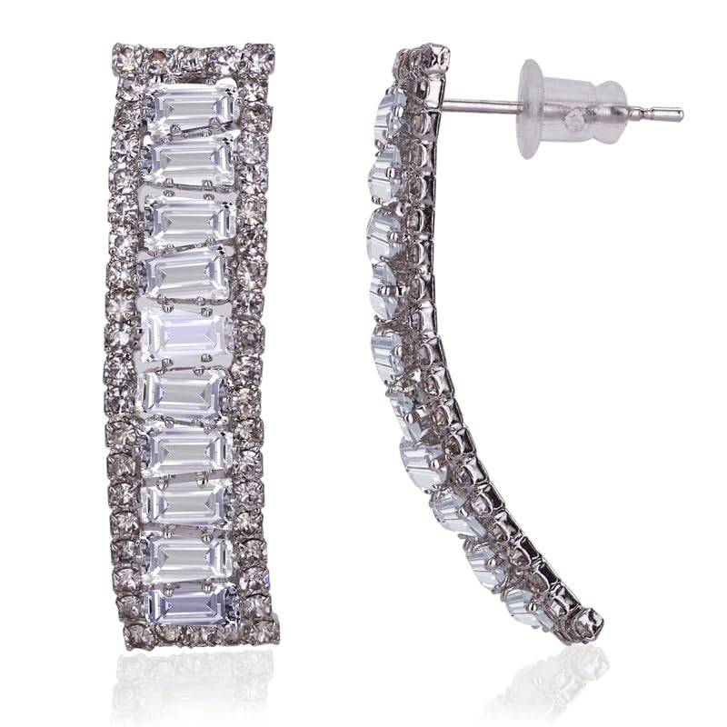 Moonstruck Fashion Jewellery Silver Long Stud Earrings with Cubic Zirconia - Sparkling Hoop Earrings for Women, Perfect for Weddings, Parties, Gifts