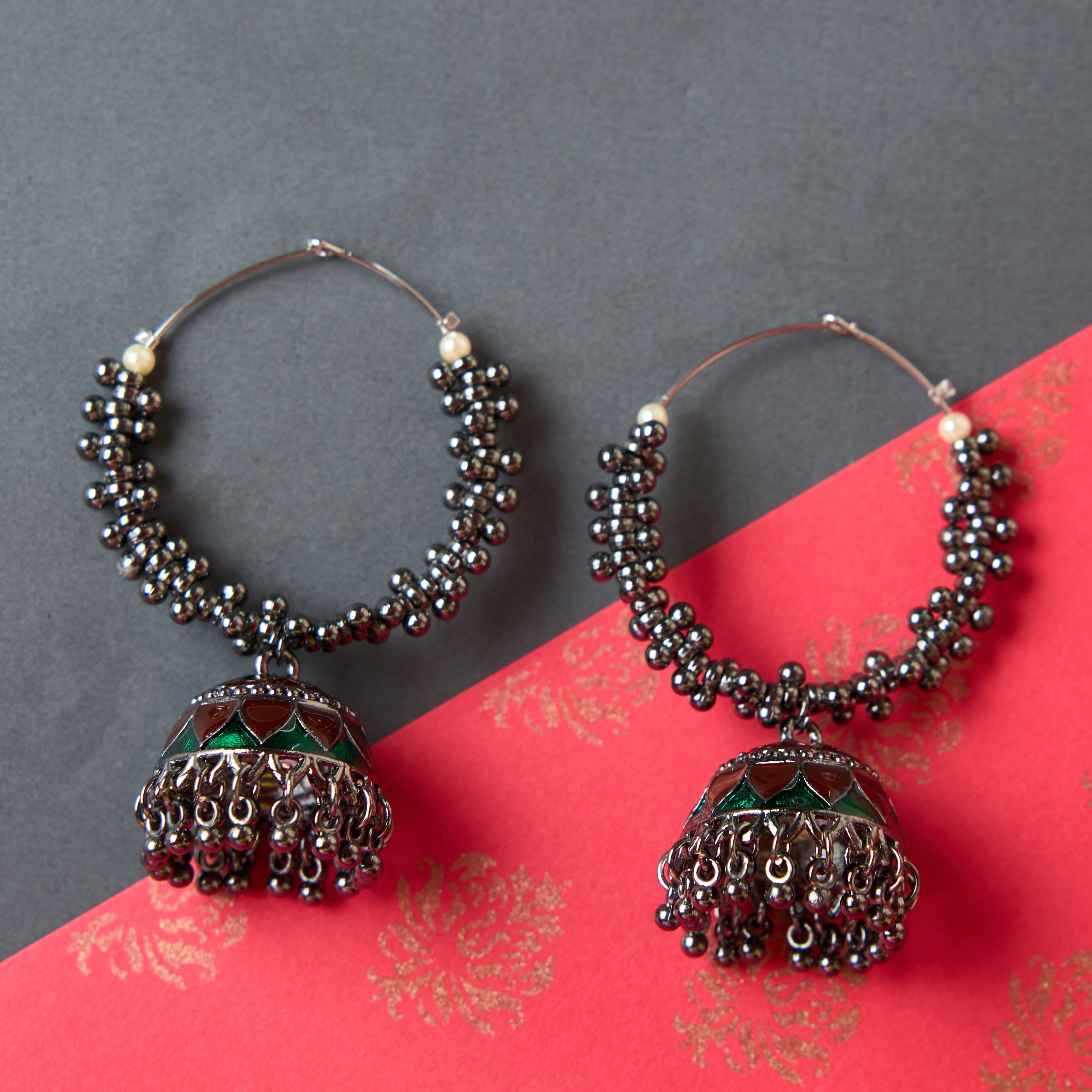 Women's Oxidized Chandbali Earrings in Silver and Red - Karmaplace