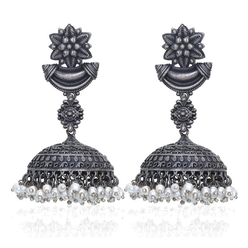 Moonstruck Fashion Jewellery Oxidized Silver Jhumka Earrings with Pearl Fringe - Traditional Indian Chandbali Earrings for Women, Perfect for Weddings, Festive Ethnic Wear