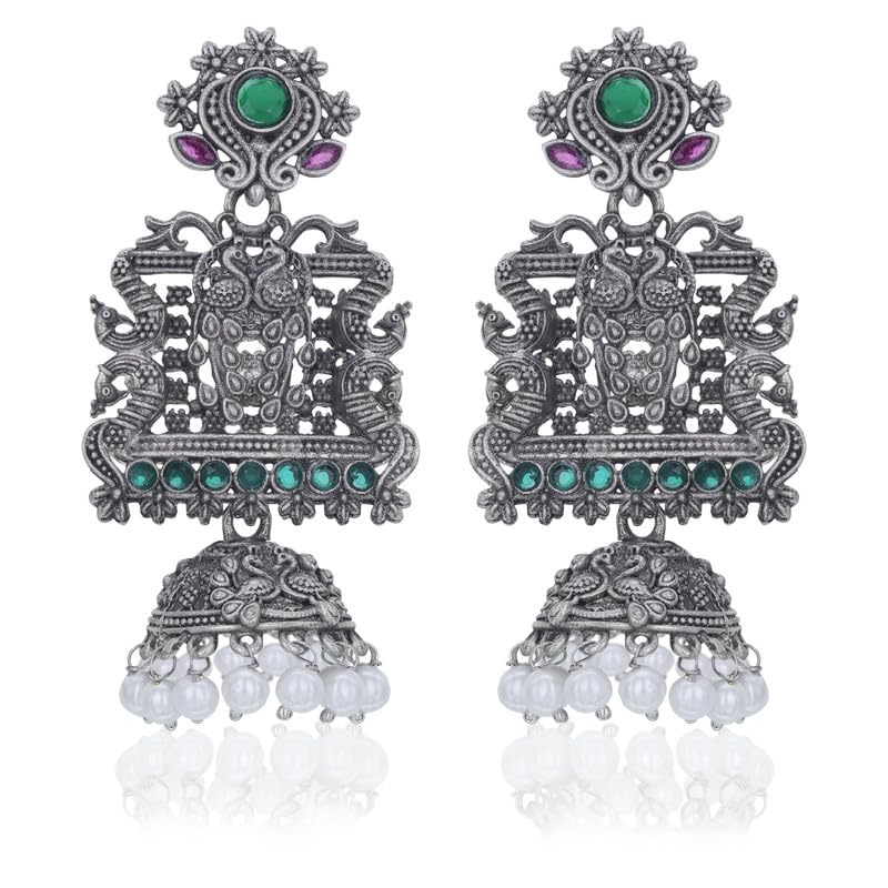 Moonstruck Fashion Jewellery Oxidized Silver Jhumka Earrings with Green & Pink Stones, Pearl Fringe - Traditional Temple Style Peacock Earrings for Women, Ideal for Weddings, Ethnic Wear