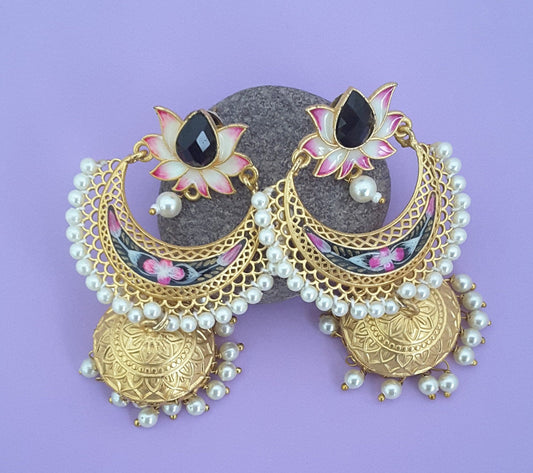 Moonstruck Traditional Indian Lightweight Golden Chandbali/bali Jhumka Earring with black & pink meenakari Pearl earrings for Women & Girls. - www.MoonstruckINC.com