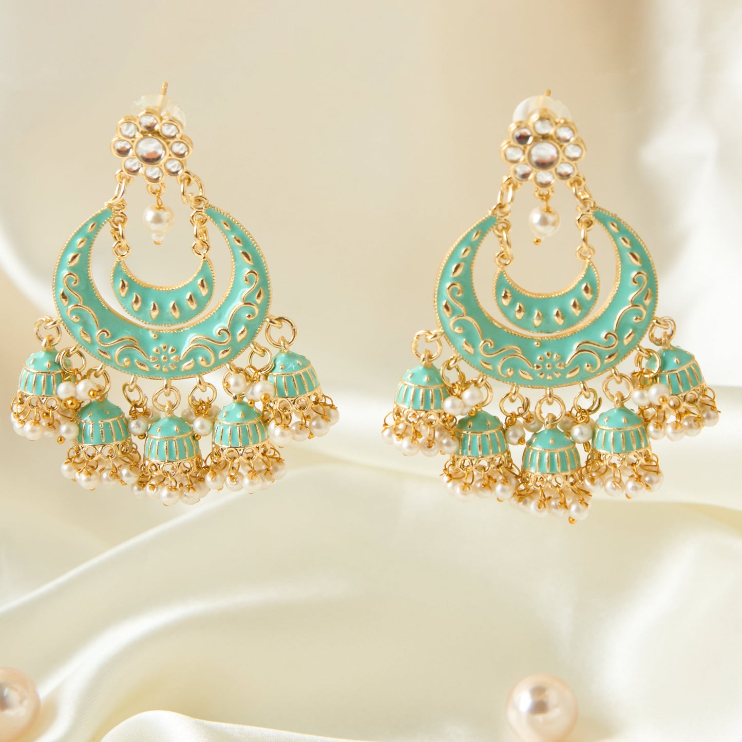 Moonstruck Golden/Gold Chandbali/Bali Dangle Earrings with Kundan,Meenakari & Pearls - Elevate Your Ethnic Indian Glamour look for Women & Girls - www.MoonstruckINC.com