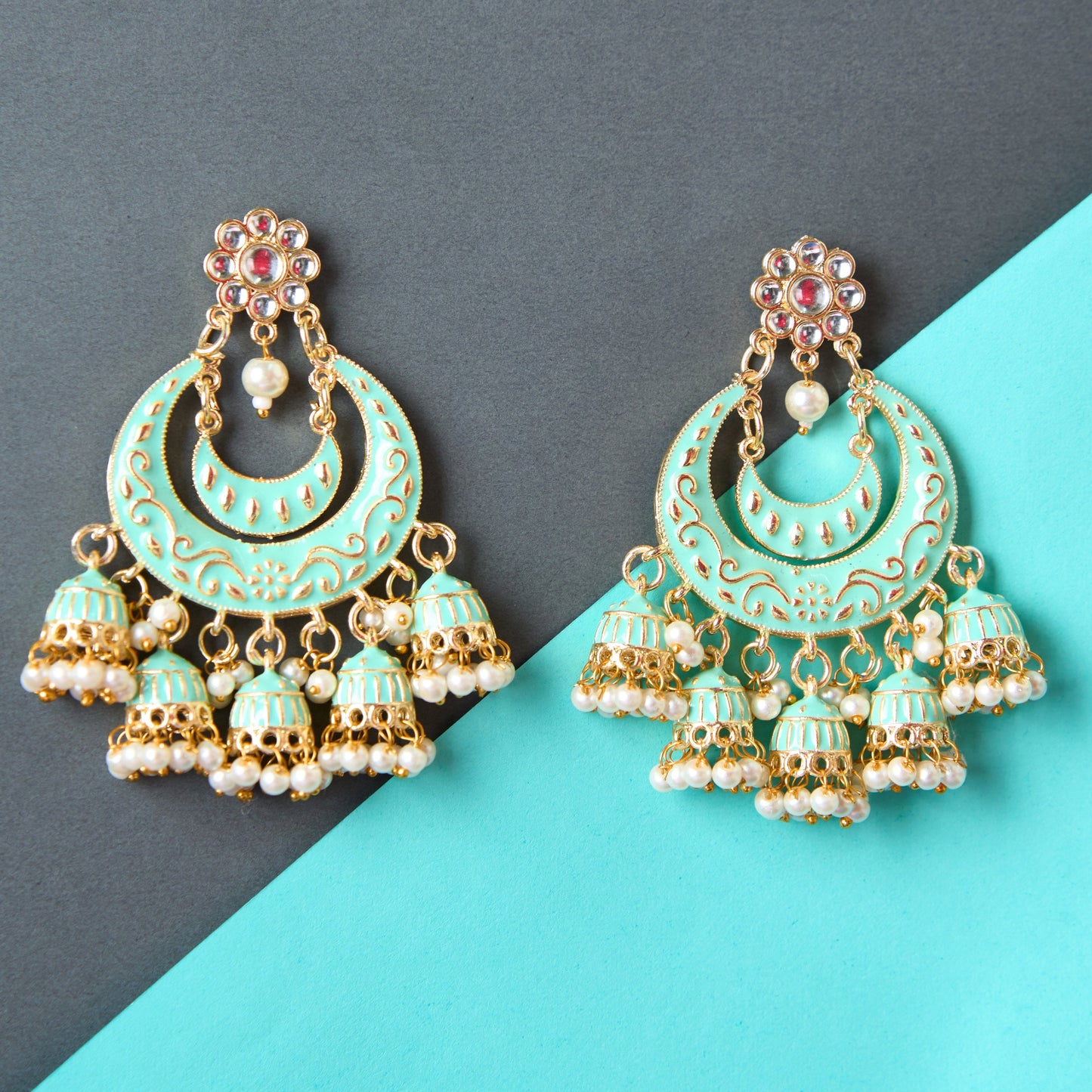 Moonstruck Golden/Gold Chandbali/Bali Dangle Earrings with Kundan,Meenakari & Pearls - Elevate Your Ethnic Indian Glamour look for Women & Girls - www.MoonstruckINC.com
