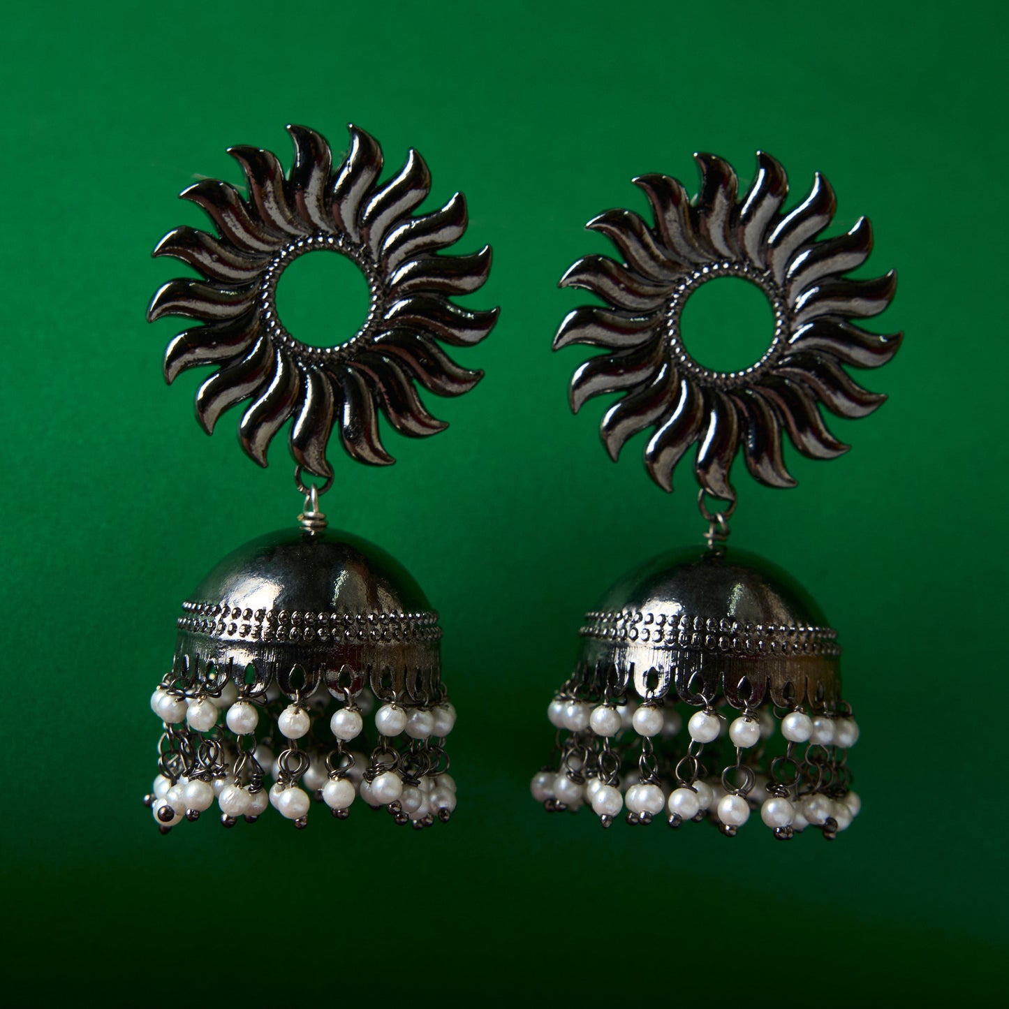 Moonstruck Traditional Indian Dome Shaped Lightweight Oxidised Jhumka/Jhumki Earrings With Pearls for Women (Oxidised) - www.MoonstruckINC.com
