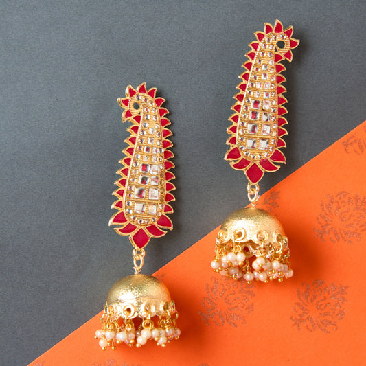 Moonstruck Traditional Inidian Golden Paisley Jhumka/Jhumki Earrings With Pearls for Women (Pink) - www.MoonstruckINC.com