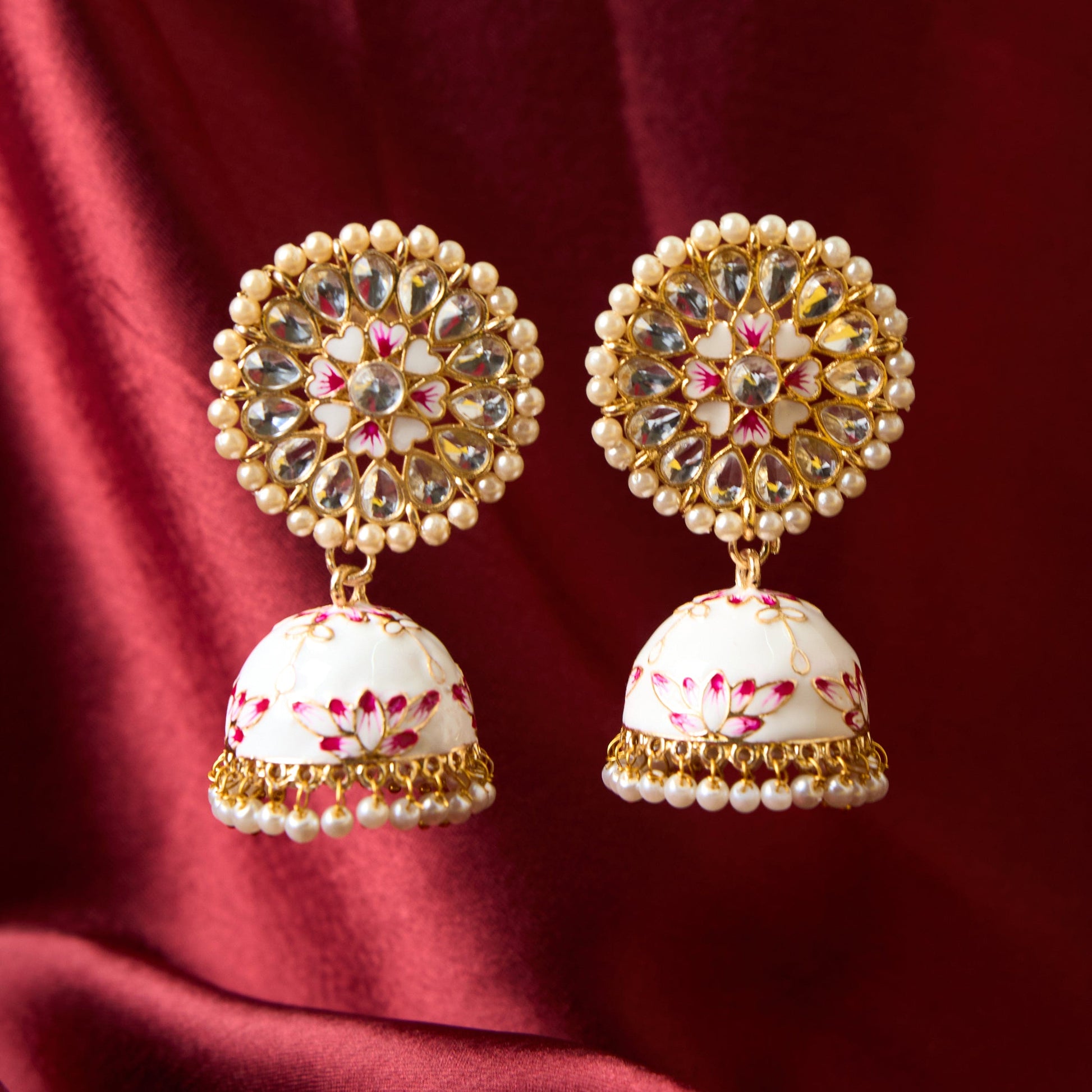 Moonstruck Traditional Indian Dome Shaped Lightweight Golden Jhumka/Jhumki Dangle Drop Earrings with Meenakari & Pearls for Women (White & Pink) - www.MoonstruckINC.com