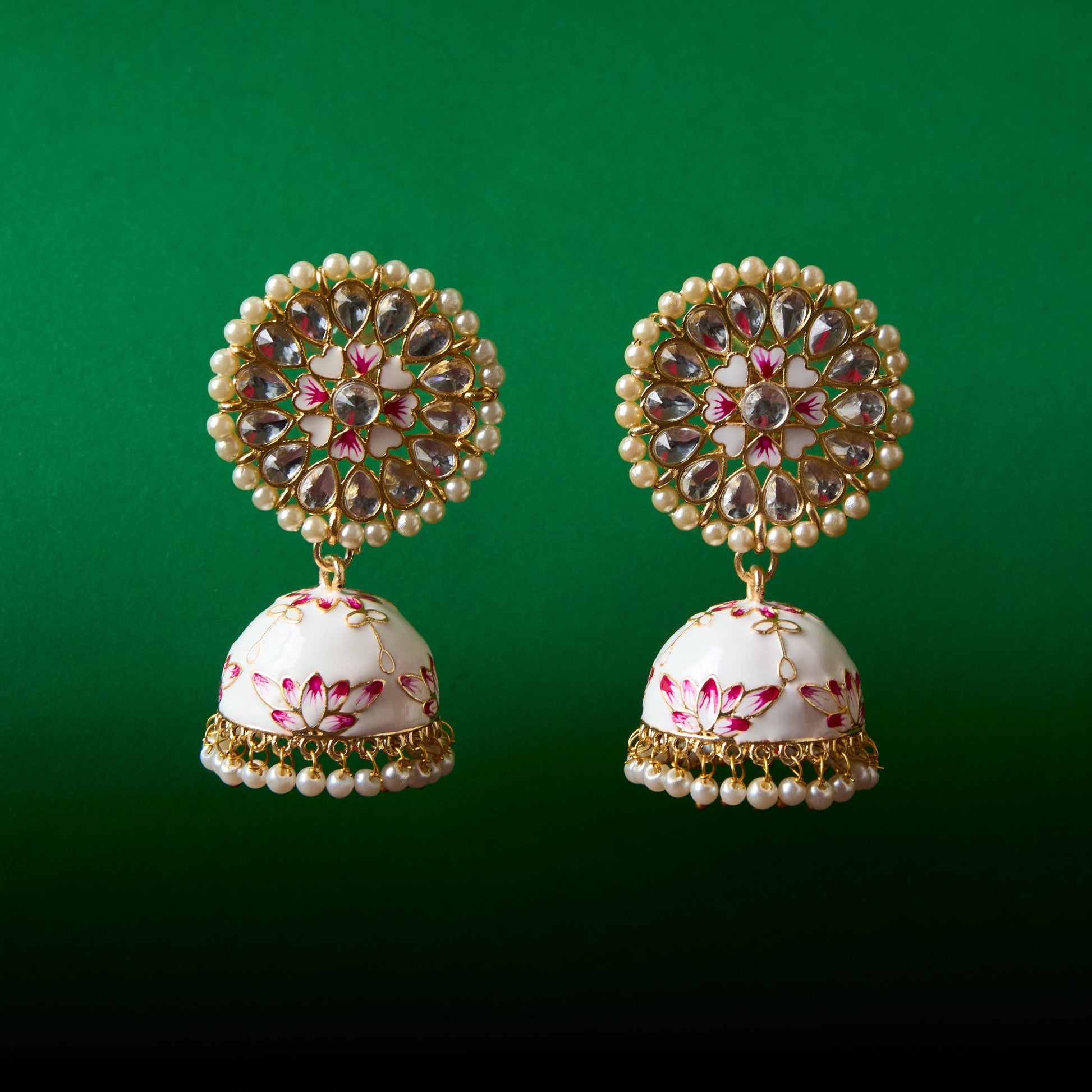 Moonstruck Traditional Indian Dome Shaped Lightweight Golden Jhumka/Jhumki Dangle Drop Earrings with Meenakari & Pearls for Women (White & Pink) - www.MoonstruckINC.com