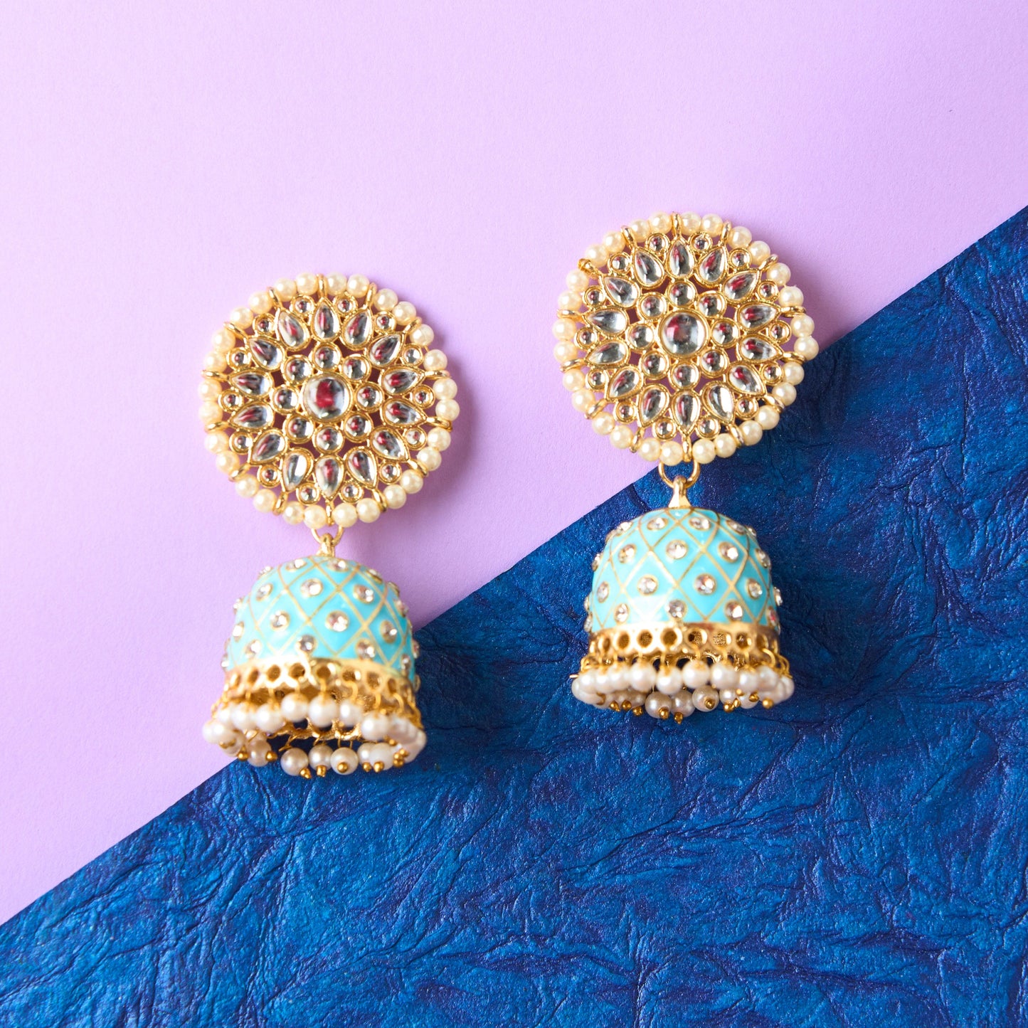 Moonstruck Traditional Inidian Golden Meenakari Jhumka/Jhumki Earrings With Pearls for Women (Blue) - www.MoonstruckINC.com