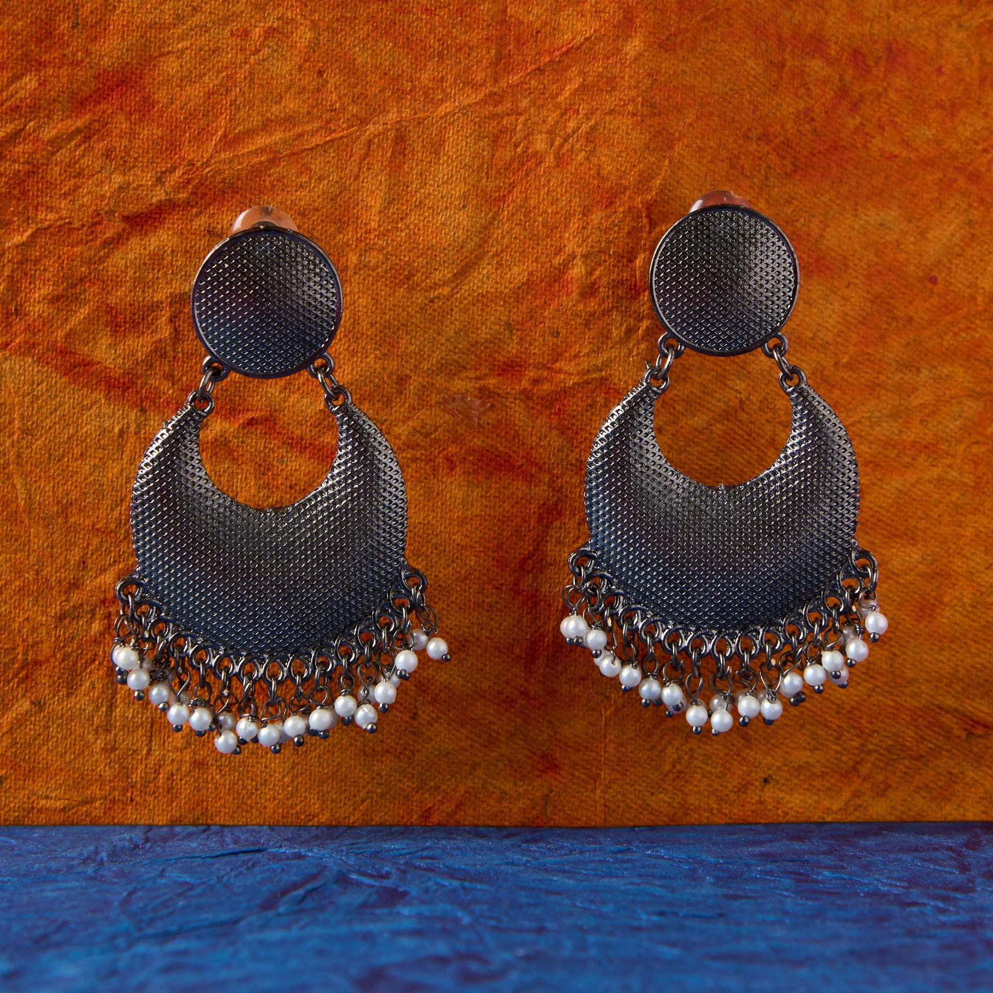 Moonstruck Antique Silver Oxidized Lightweight Traditional Stylish Indian Bollywood Chandbali Dangle Earrings with Pearls for Women - www.MoonstruckINC.com