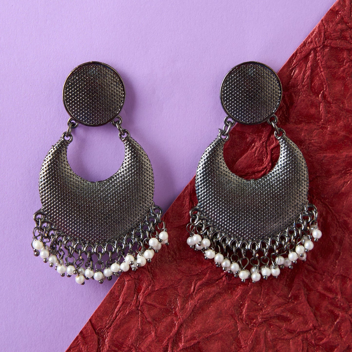 Moonstruck Antique Silver Oxidized Lightweight Traditional Stylish Indian Bollywood Chandbali Dangle Earrings with Pearls for Women - www.MoonstruckINC.com