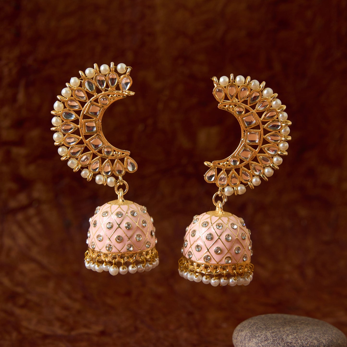 Moonstruck Traditional Inidian Golden Meenakari Jhumka/Jhumki Earrings With Pearls for Women (Peach) - www.MoonstruckINC.com