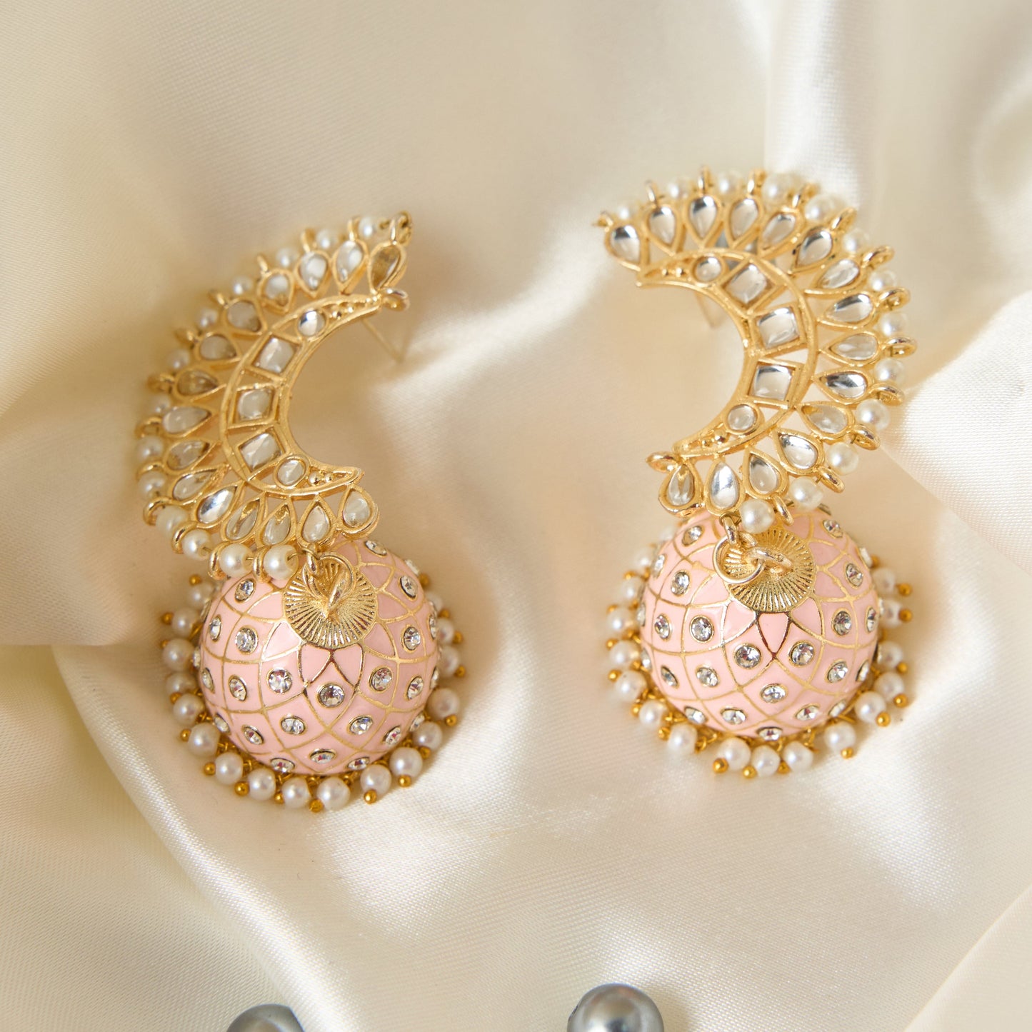 Moonstruck Traditional Inidian Golden Meenakari Jhumka/Jhumki Earrings With Pearls for Women (Peach) - www.MoonstruckINC.com