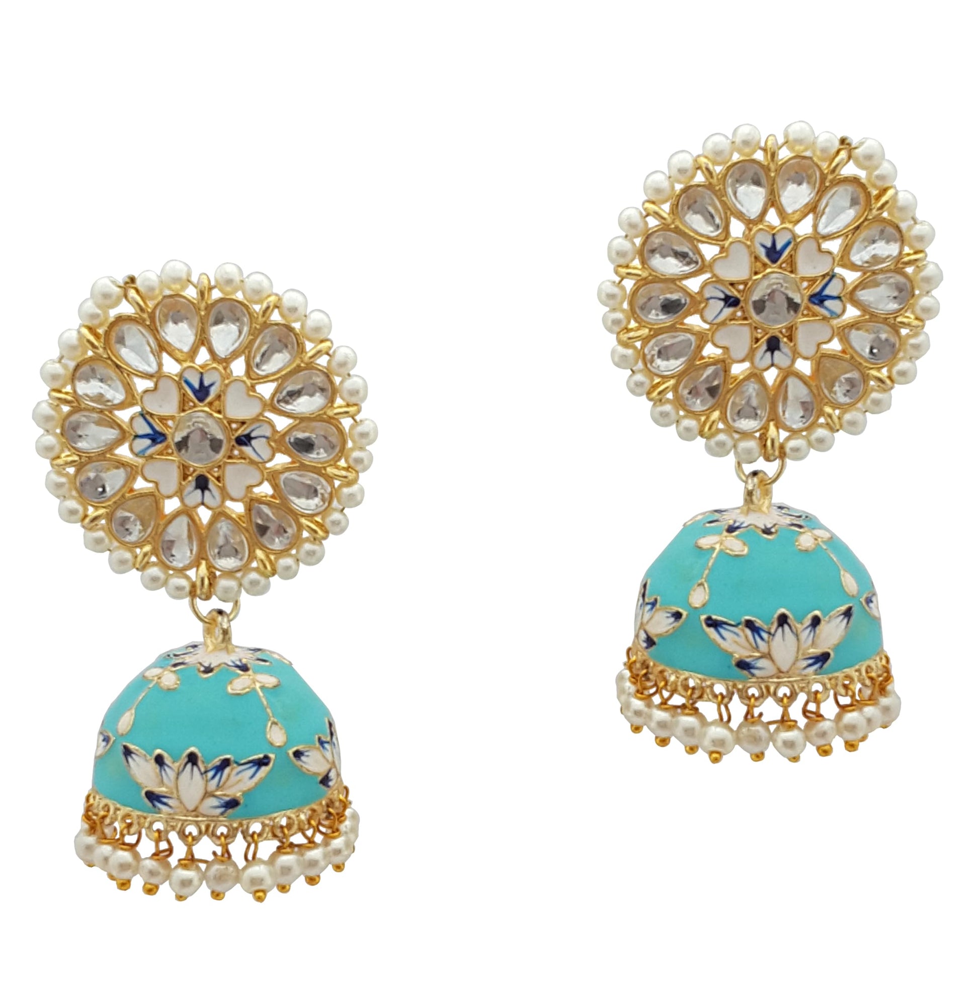 Moonstruck Traditional Indian Dome Shaped Lightweight Golden Jhumka Earrings with Meenakari & Pearls for Women – White & Pink Enamel, Lightweight Alloy, 6cm Length, 22g Weight - www.MoonstruckINC.com