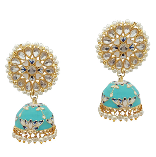 Moonstruck Traditional Indian Dome Shaped Lightweight Golden Jhumka Earrings with Meenakari & Pearls for Women – White & Pink Enamel, Lightweight Alloy, 6cm Length, 22g Weight - www.MoonstruckINC.com