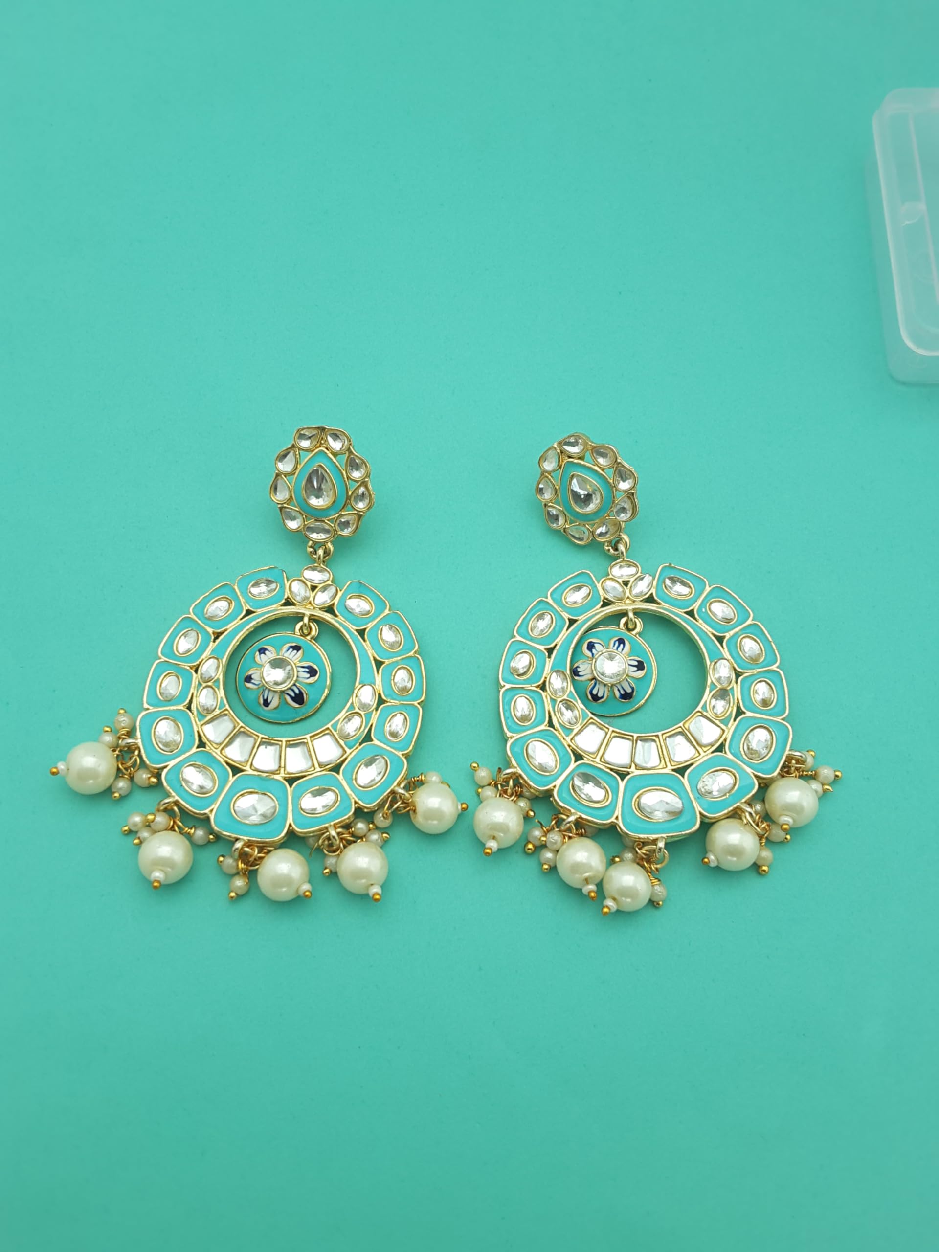 Moonstruck Traditional Indian Golden Chandbali Earrings with Meenakari & Pearls for Women – Light Aqua Enamel, Lightweight Alloy, 9cm Length, 31g Weight - www.MoonstruckINC.com