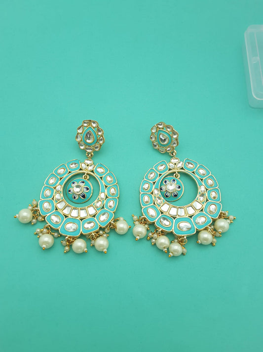 Moonstruck Traditional Indian Golden Chandbali Earrings with Meenakari & Pearls for Women – Light Aqua Enamel, Lightweight Alloy, 9cm Length, 31g Weight - www.MoonstruckINC.com