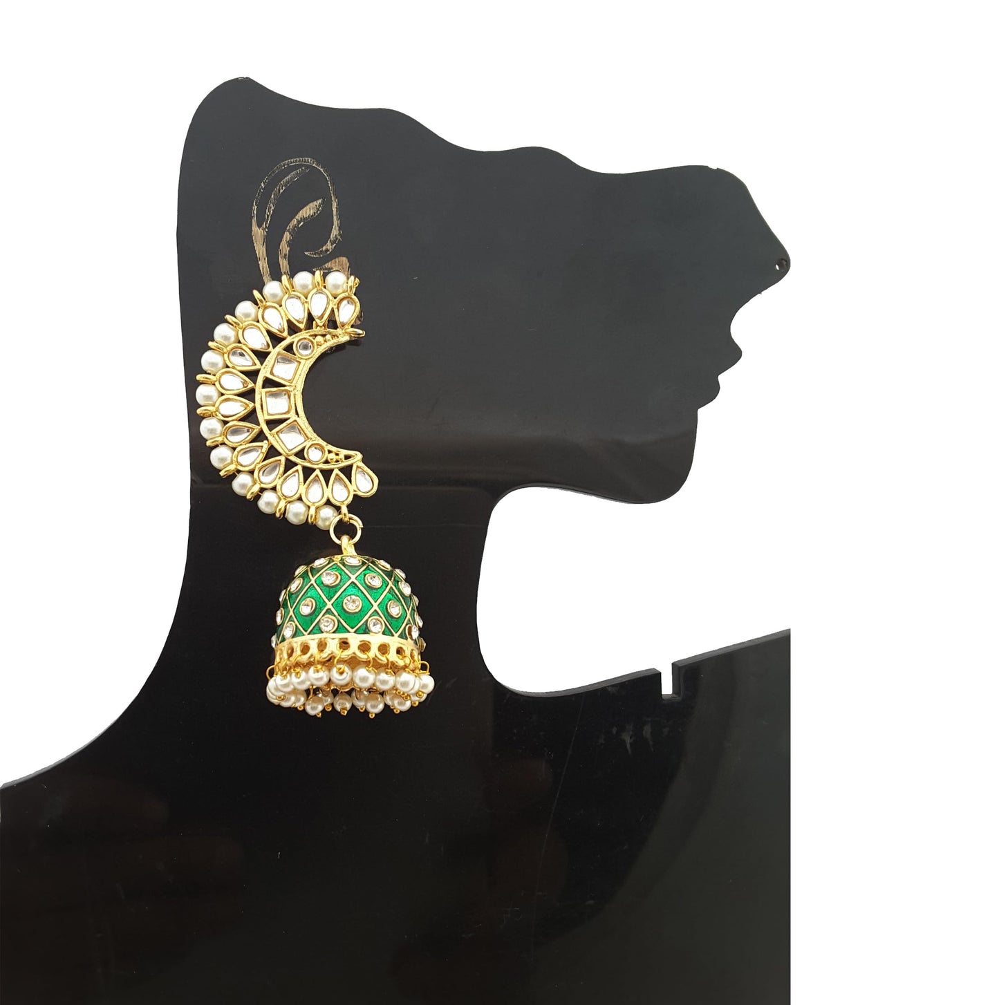 Moonstruck Traditional Indian Golden Dome-Shaped Meenakari Kundan Jhumka Earrings with Off-White Pearls for Women – Emerald Peach Ethnic Jewelry for Weddings, Festivals, Parties - www.MoonstruckINC.com