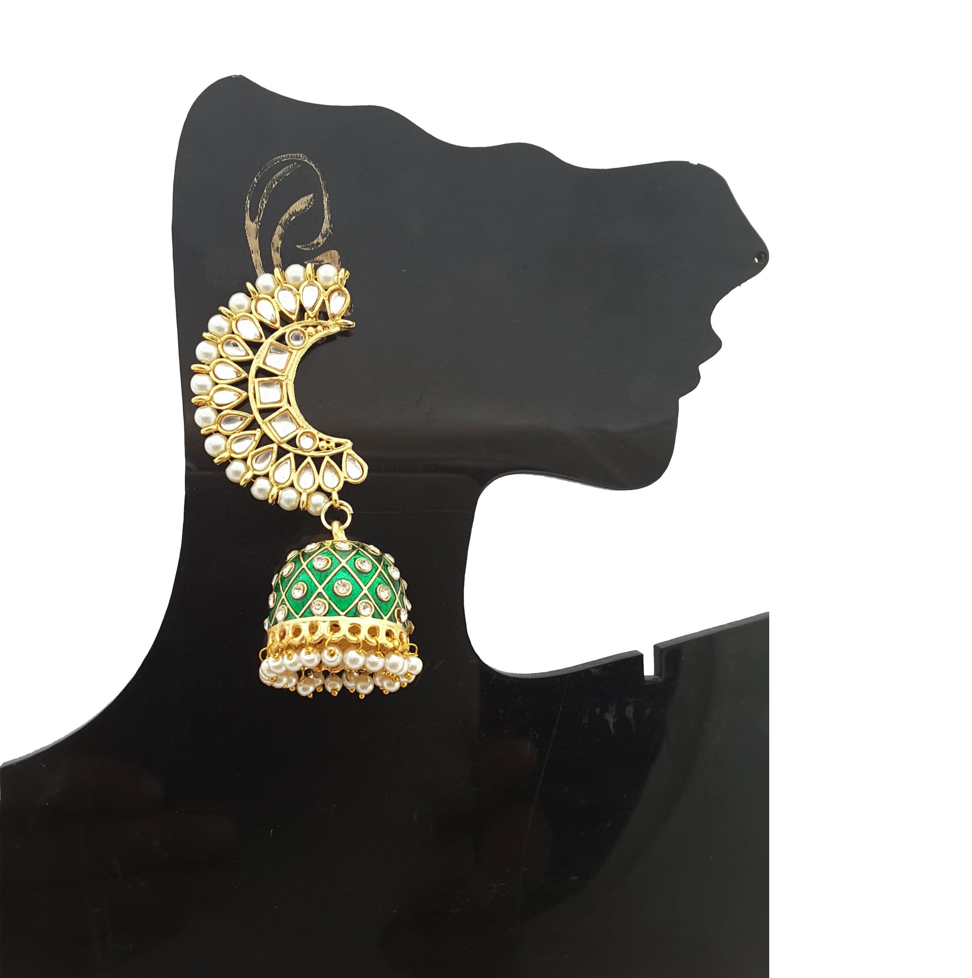Moonstruck Traditional Indian Golden Dome-Shaped Meenakari Kundan Jhumka Earrings with Off-White Pearls for Women – Emerald Peach Ethnic Jewelry for Weddings, Festivals, Parties - www.MoonstruckINC.com