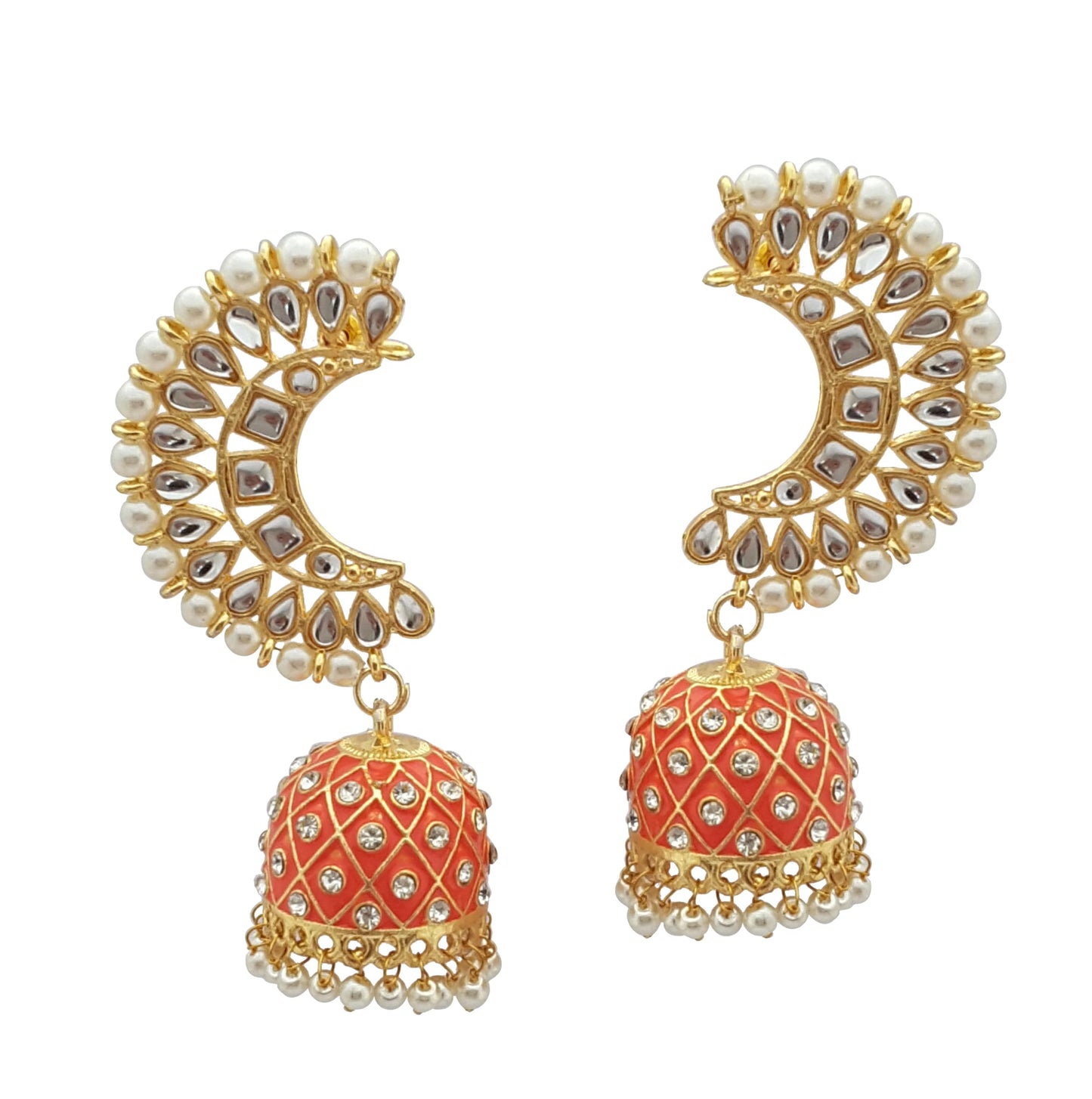 Moonstruck Traditional Indian Golden Dome-Shaped Meenakari Kundan Jhumka Earrings with Off-White Pearls for Women – Peach Ethnic Jewelry for Weddings, Festivals, Parties - www.MoonstruckINC.com