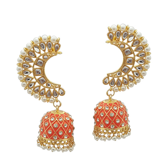 Moonstruck Traditional Indian Golden Dome-Shaped Meenakari Kundan Jhumka Earrings with Off-White Pearls for Women – Peach Ethnic Jewelry for Weddings, Festivals, Parties - www.MoonstruckINC.com