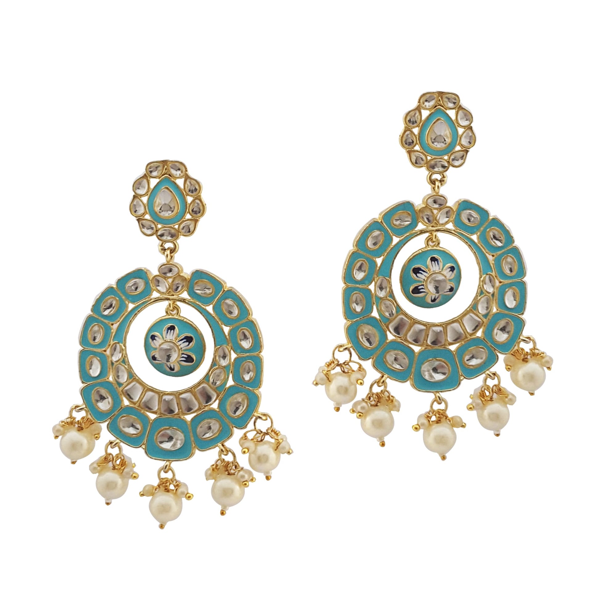 Moonstruck Traditional Indian Golden Chandbali Earrings with Meenakari & Pearls for Women – Light Aqua Enamel, Lightweight Alloy, 9cm Length, 31g Weight - www.MoonstruckINC.com