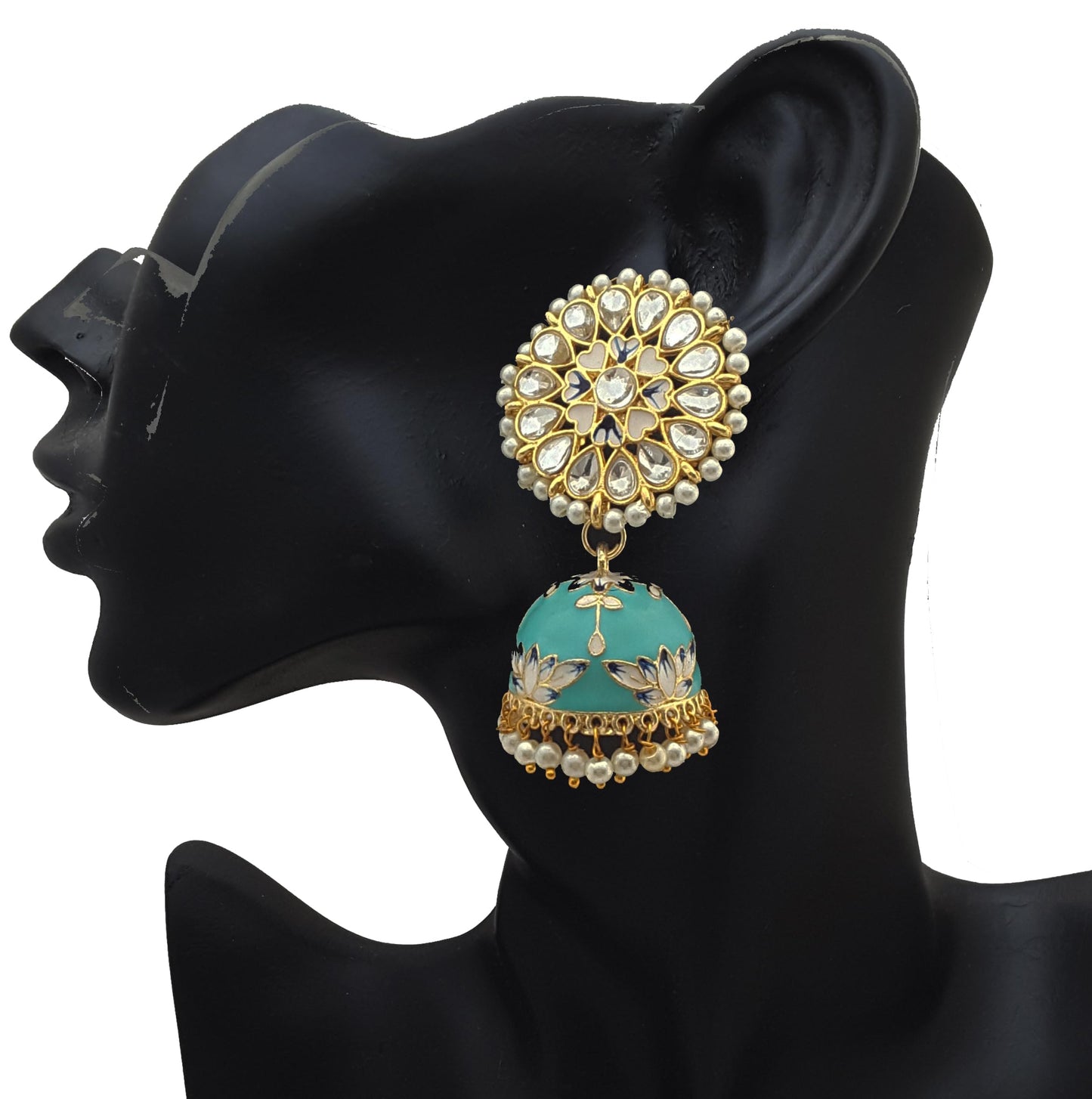 Moonstruck Traditional Indian Dome Shaped Lightweight Golden Jhumka Earrings with Meenakari & Pearls for Women – White & Pink Enamel, Lightweight Alloy, 6cm Length, 22g Weight - www.MoonstruckINC.com