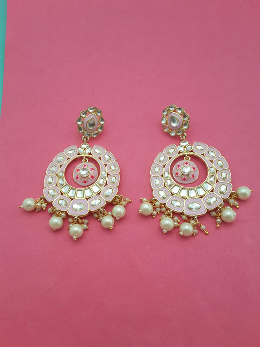 Moonstruck Traditional Indian Golden Chandbali Earrings with Meenakari & Pearls for Women – Light Violet Enamel, Lightweight Alloy, 9cm Length, 31g Weight - www.MoonstruckINC.com