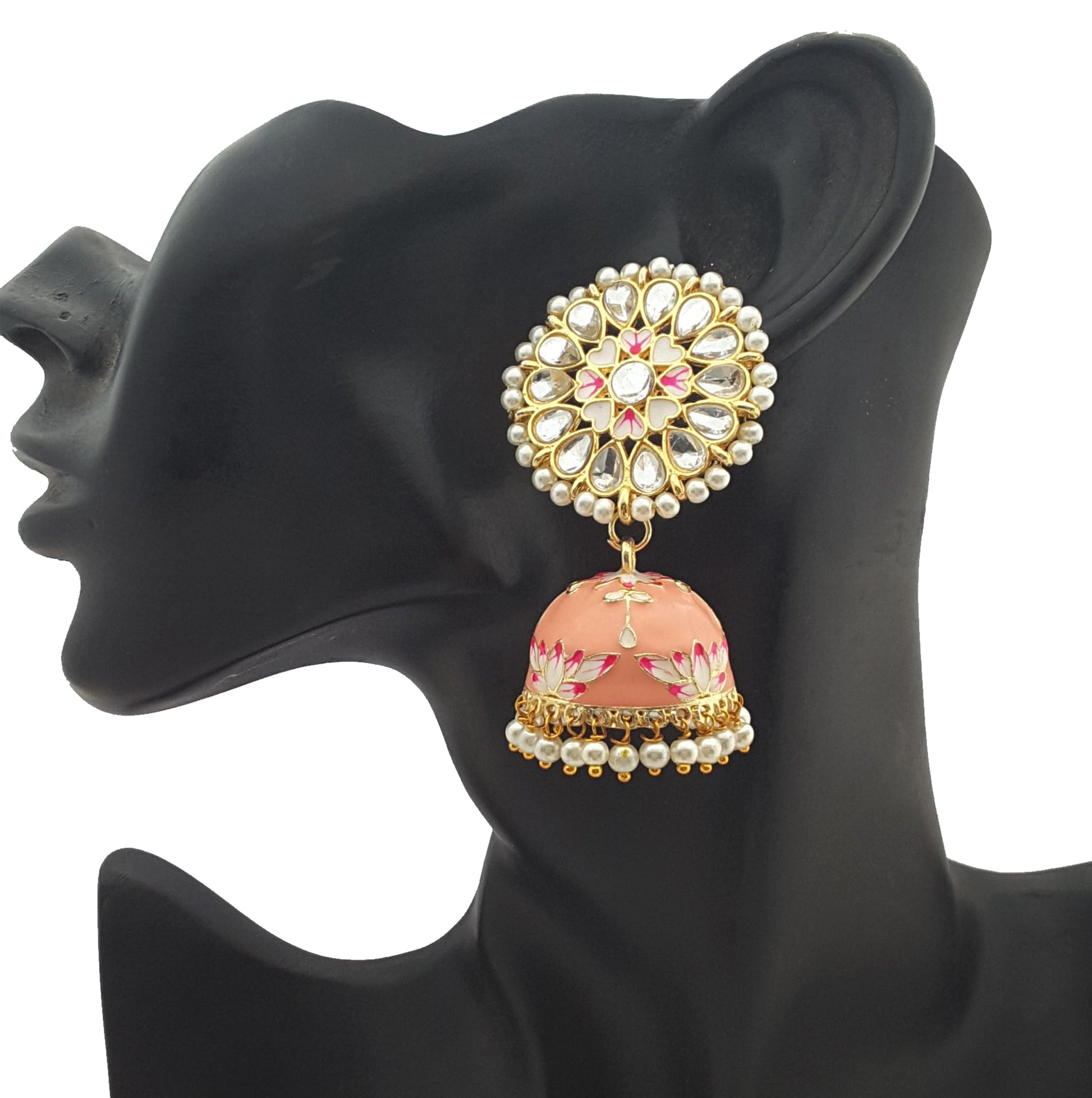 Moonstruck Traditional Indian Dome Shaped Lightweight Golden Jhumka Earrings with Meenakari & Pearls for Women – White & Pink Enamel, Lightweight Alloy, 6cm Length, 22g Weight - www.MoonstruckINC.com