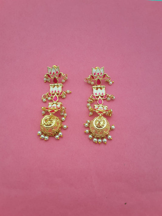 Moonstruck Traditional Indian Dome Shaped Lightweight Golden Jhumka Earrings with Meenakari & Pearls for Women – Green Enamel, Lightweight Alloy, 8.5cm Length, 22g Weight