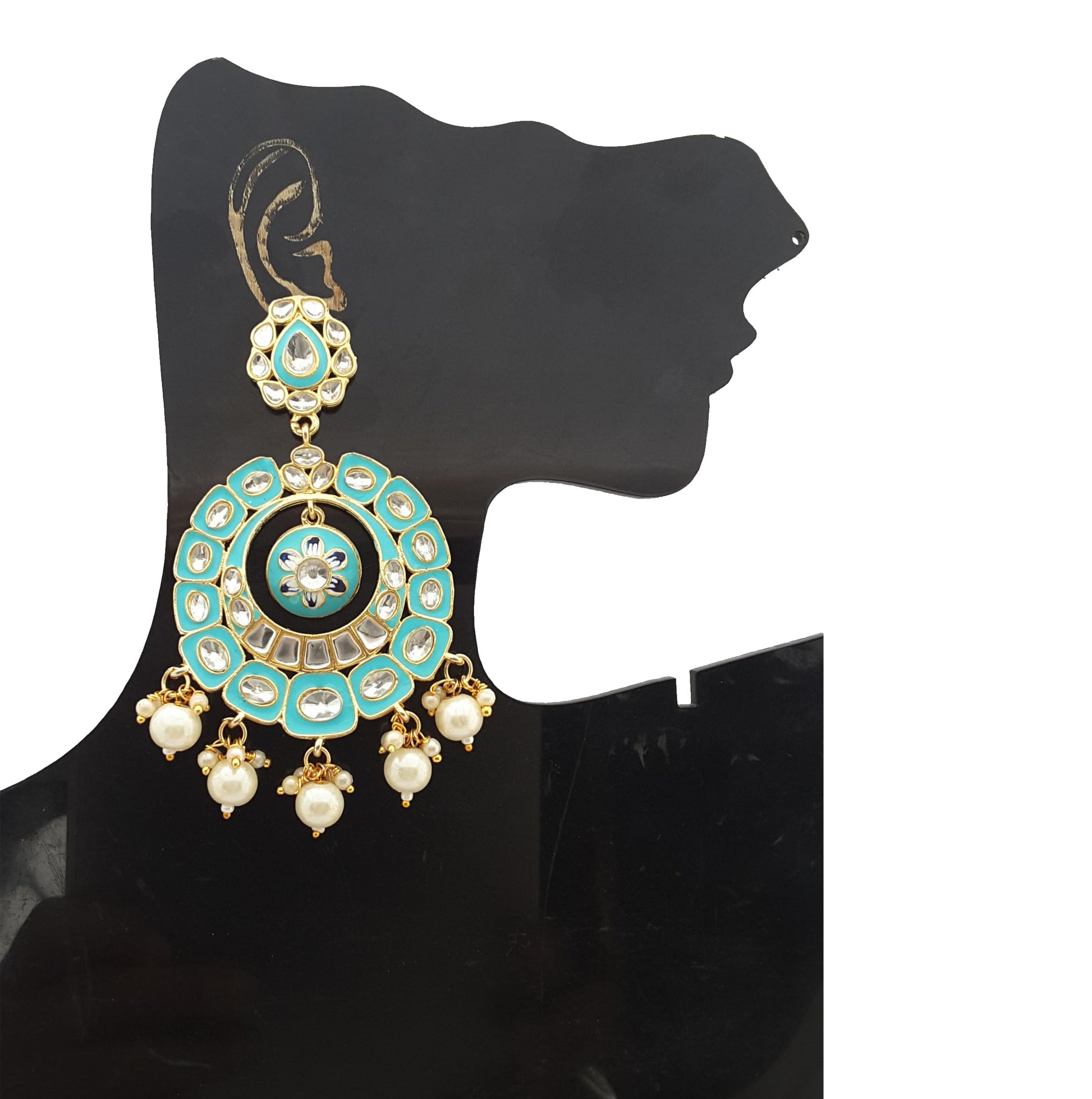 Moonstruck Traditional Indian Golden Chandbali Earrings with Meenakari & Pearls for Women – Light Aqua Enamel, Lightweight Alloy, 9cm Length, 31g Weight - www.MoonstruckINC.com