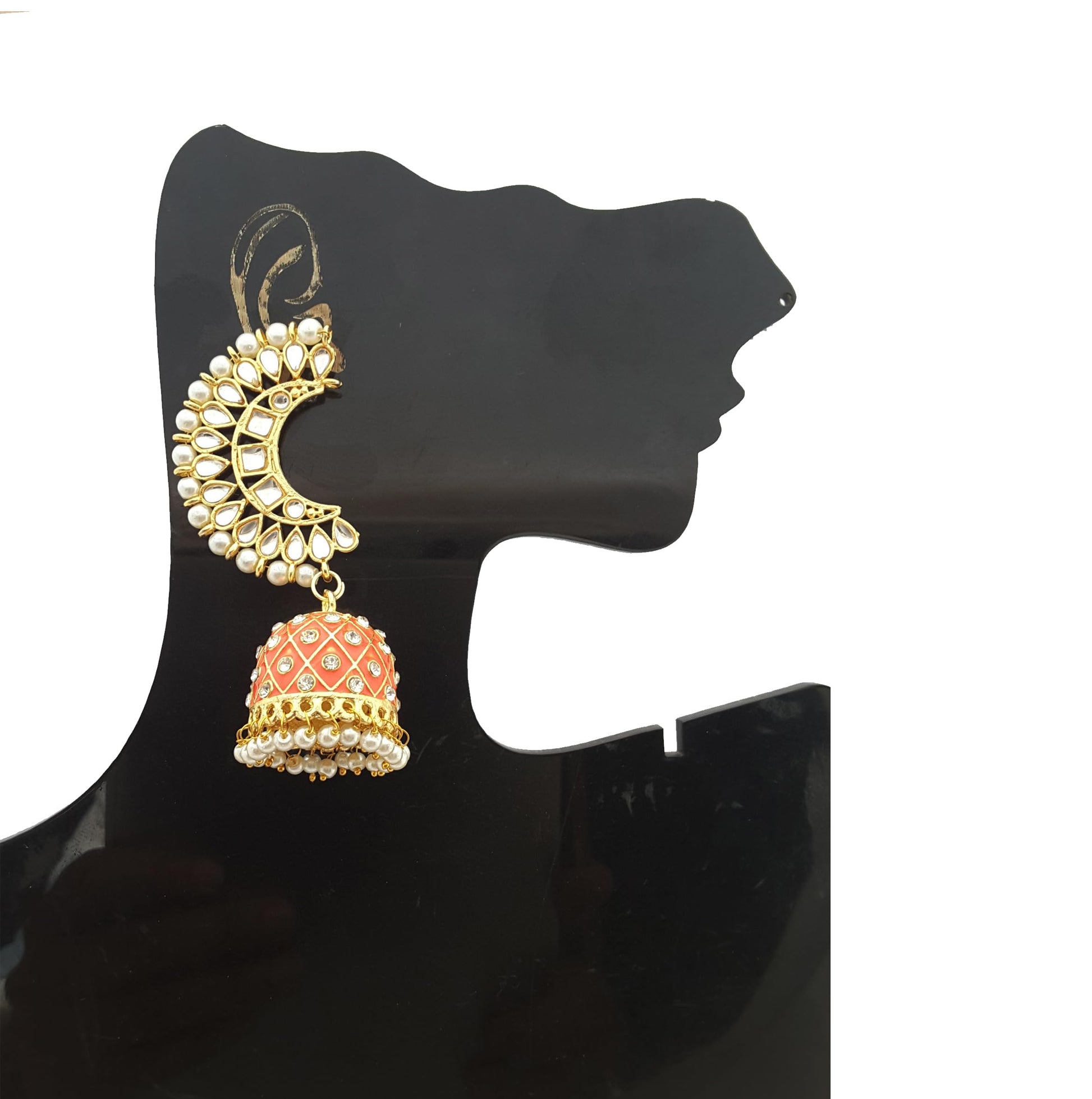 Moonstruck Traditional Indian Golden Dome-Shaped Meenakari Kundan Jhumka Earrings with Off-White Pearls for Women – Peach Ethnic Jewelry for Weddings, Festivals, Parties - www.MoonstruckINC.com