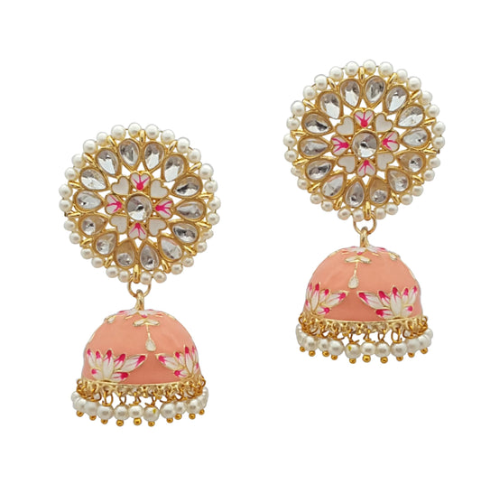 Moonstruck Traditional Indian Dome Shaped Lightweight Golden Jhumka Earrings with Meenakari & Pearls for Women – White & Pink Enamel, Lightweight Alloy, 6cm Length, 22g Weight - www.MoonstruckINC.com