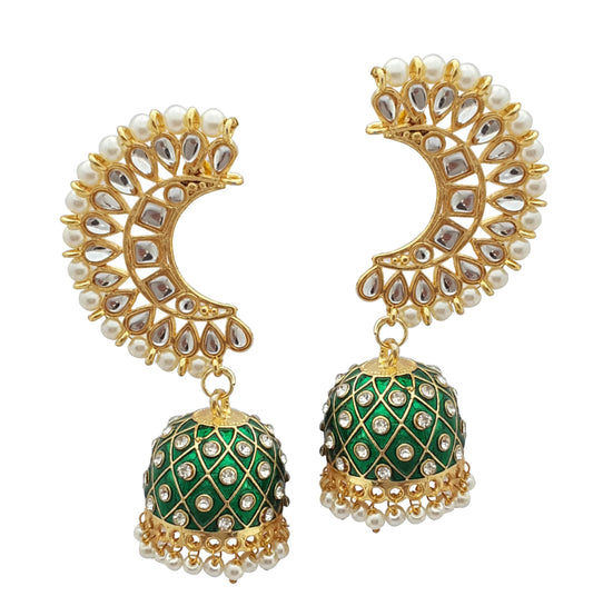 Moonstruck Traditional Indian Golden Dome-Shaped Meenakari Kundan Jhumka Earrings with Off-White Pearls for Women – Emerald Peach Ethnic Jewelry for Weddings, Festivals, Parties - www.MoonstruckINC.com